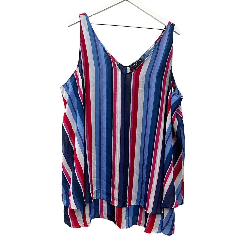 LANE BRYANT Blue Red White Vertical Stripe Cold Shoulder Tank Top Blouse 22L